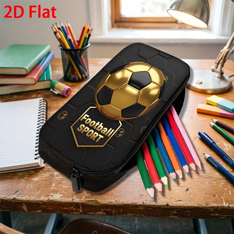 TEMU 1 trousse à crayons portable de grande avec imprimé de football doré, pour les étudiants et