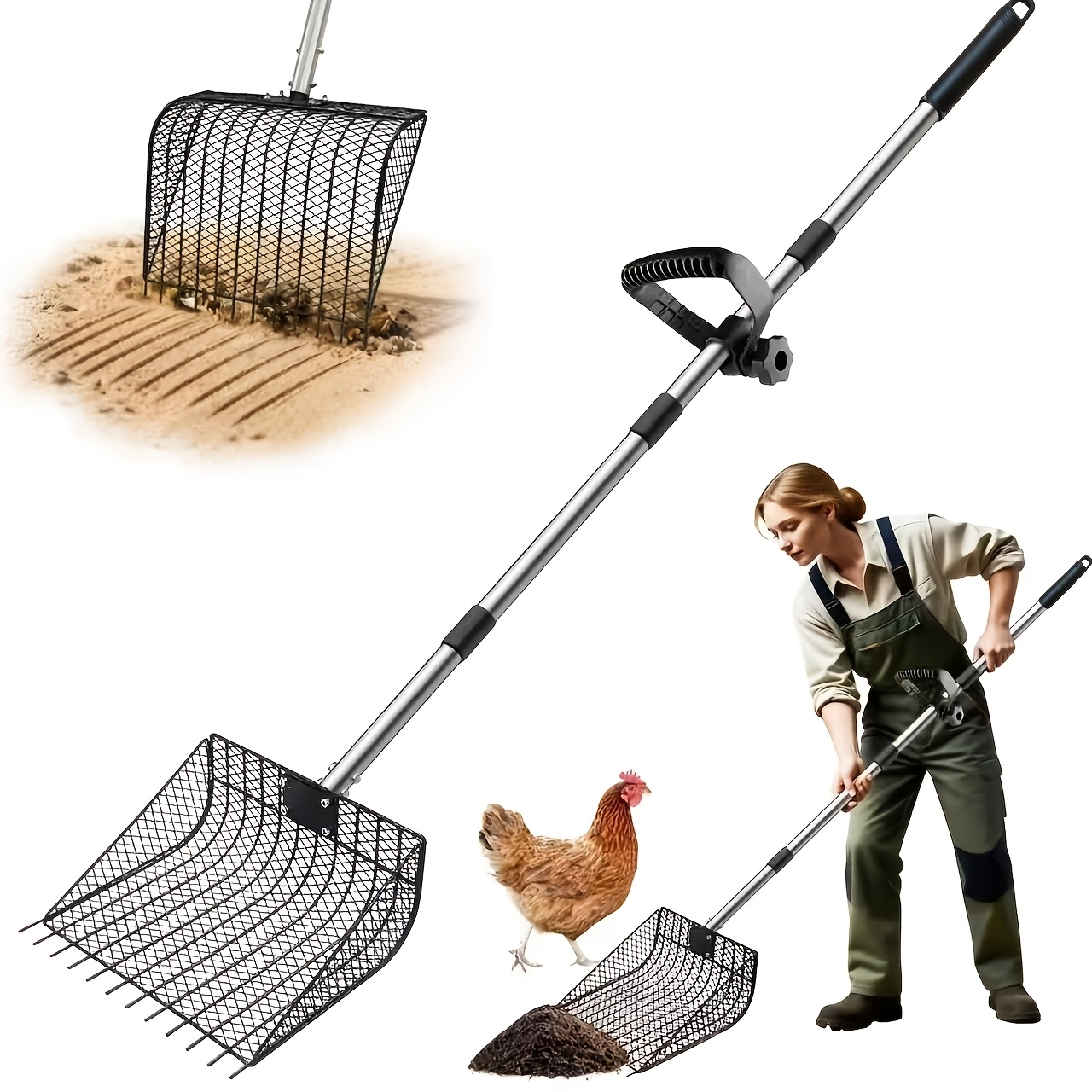 TEMU Chicken Poop Scooper& Rake 2-in-1, Metal Chicken Scoop With 24 To 68" Adjustable Stainless Steel Handle, Litter Scooper Sand Sifting Shovel