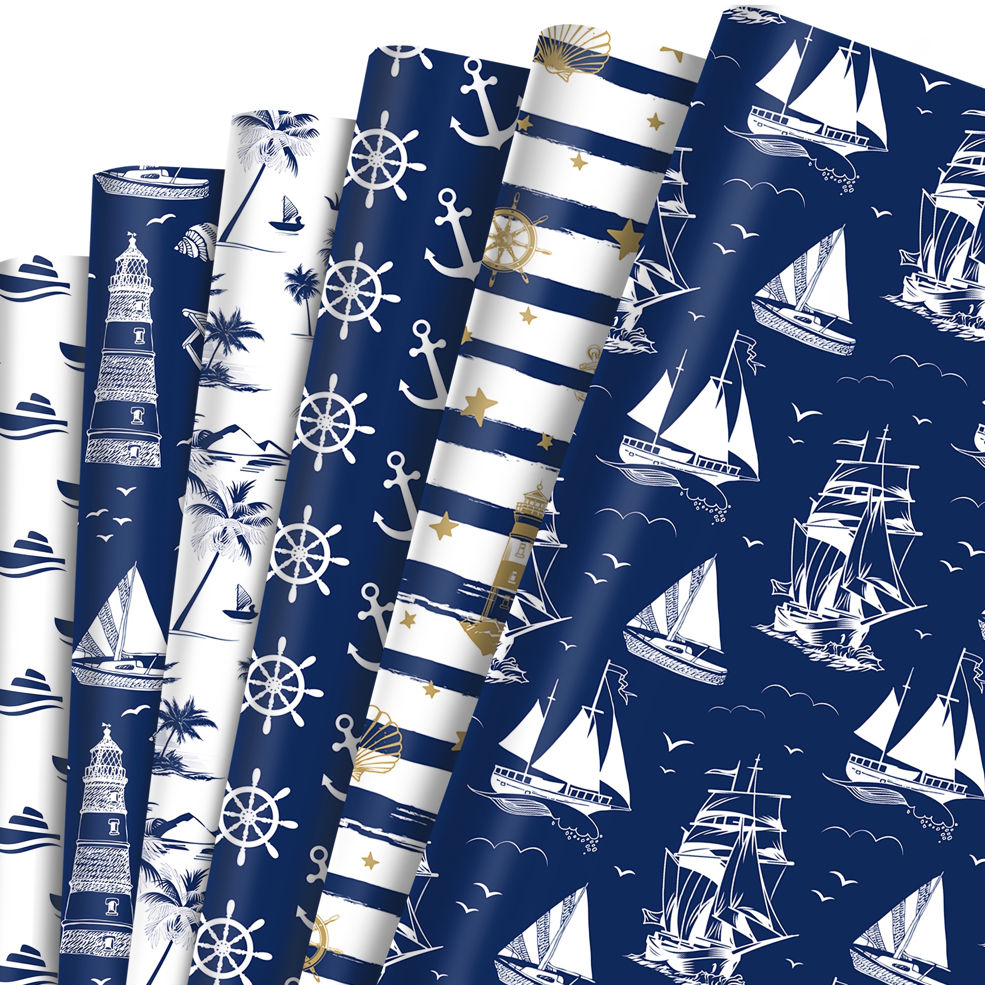 Image of 12pcs Nautical Party Wrapping Paper Rolls Packing Gift Wrapping Paper For Birthday Sailing Party Supplies
