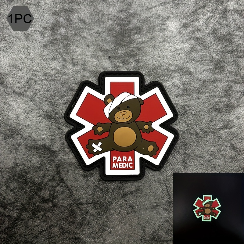 Image of A Red Background Bear Strap Pattern 3dpvc Material Patch Badge, Luminous Effect, Backing With Hook , Suitable For Bags, Backpacks, Vests And Clothing Decoration Embroidery Patch
