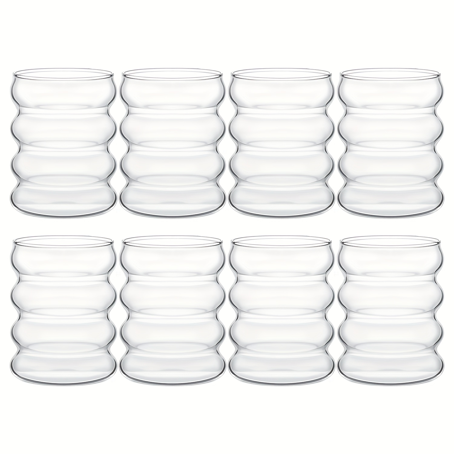 Image of Set Of 8 Glass Cups With Wavy Threads. Vintage Aesthetics. 350ml/12oz. Suitable For Cocktails, Cold Drinks, Coffee, Ice Cream, Soda, And Juice. Made Of Borosilicate Glass, Dishwasher Safe.