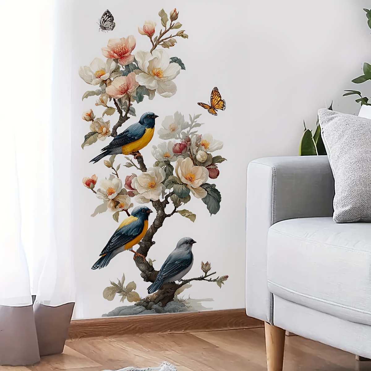 Floral Bird Wall Stickers, Self-adhesive Entryway Living Room Bedroom Rustic Style Decorative Vinyl - Holiday Mural
