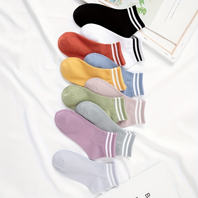 

10 Pairs Striped Print Socks, College Style Simple Short Socks, Women's Stockings & Hosiery