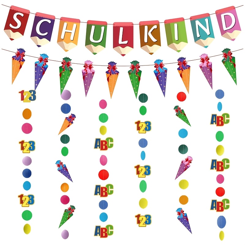 Image of Schulkinder School Party Decorations Set, Einschulung Themed Schulkind Pencil Letter Banner, Candy Cone Garland & Dot Hanging Swirls With Prints, First Day Of School Celebration Hanging Decor Supplies