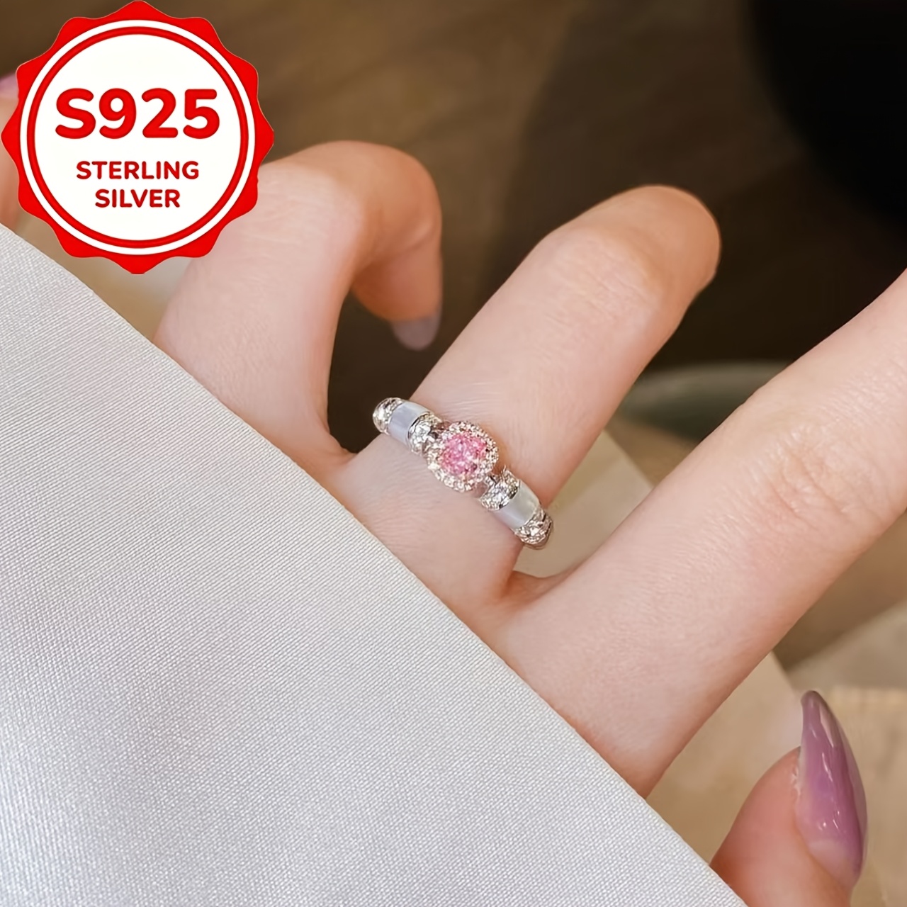 Simple Stylish S925 Silver Pink Synthetic Zirconia Open Ring