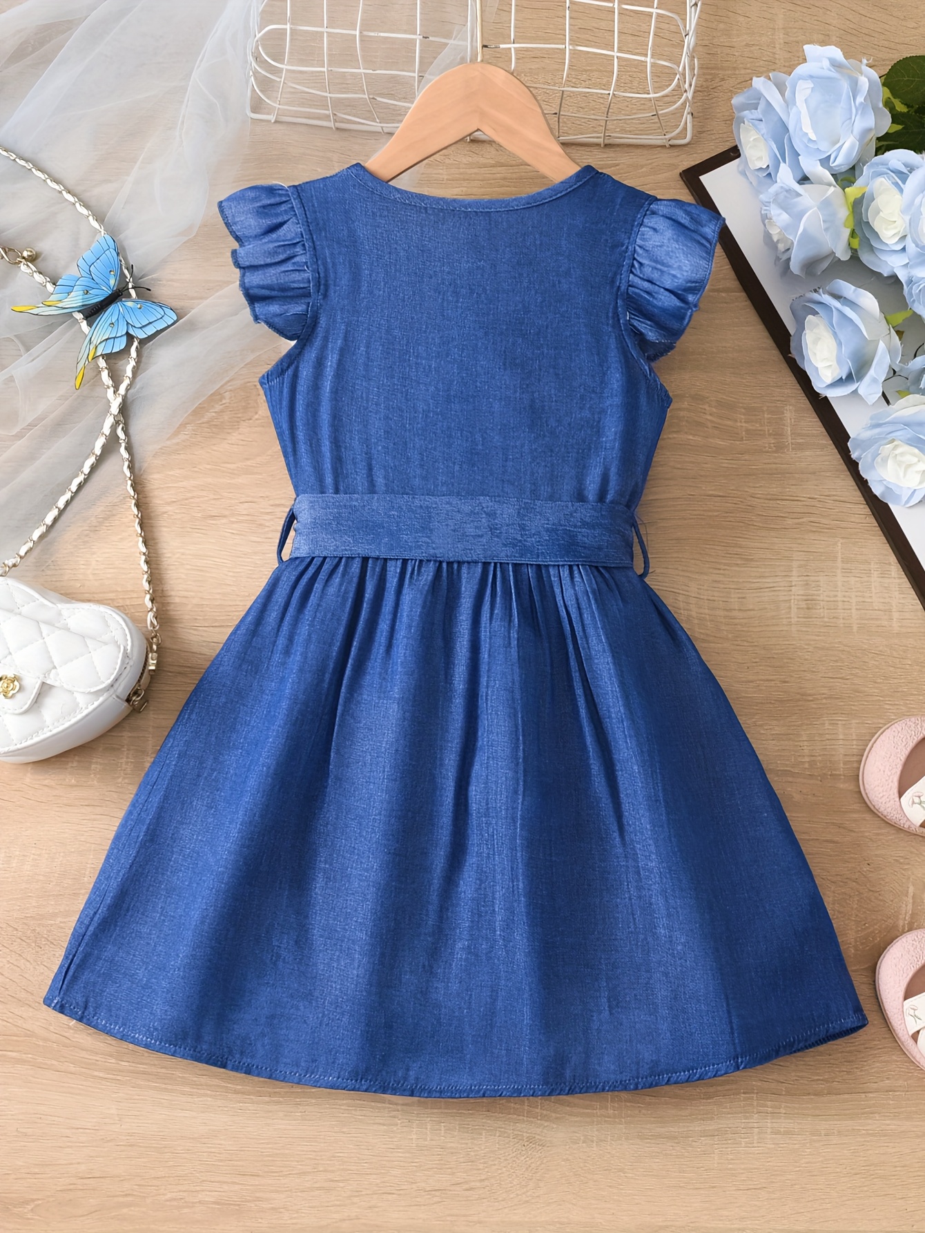 Knee Length Girl Jeans Frock Knee Length Girls Blue Jean Dresses - Main Image