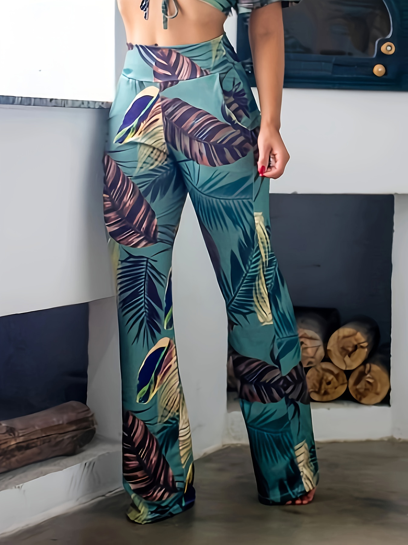 Allover Leaf Print Loose Fit Cover Pants High Waist Casual - Temu