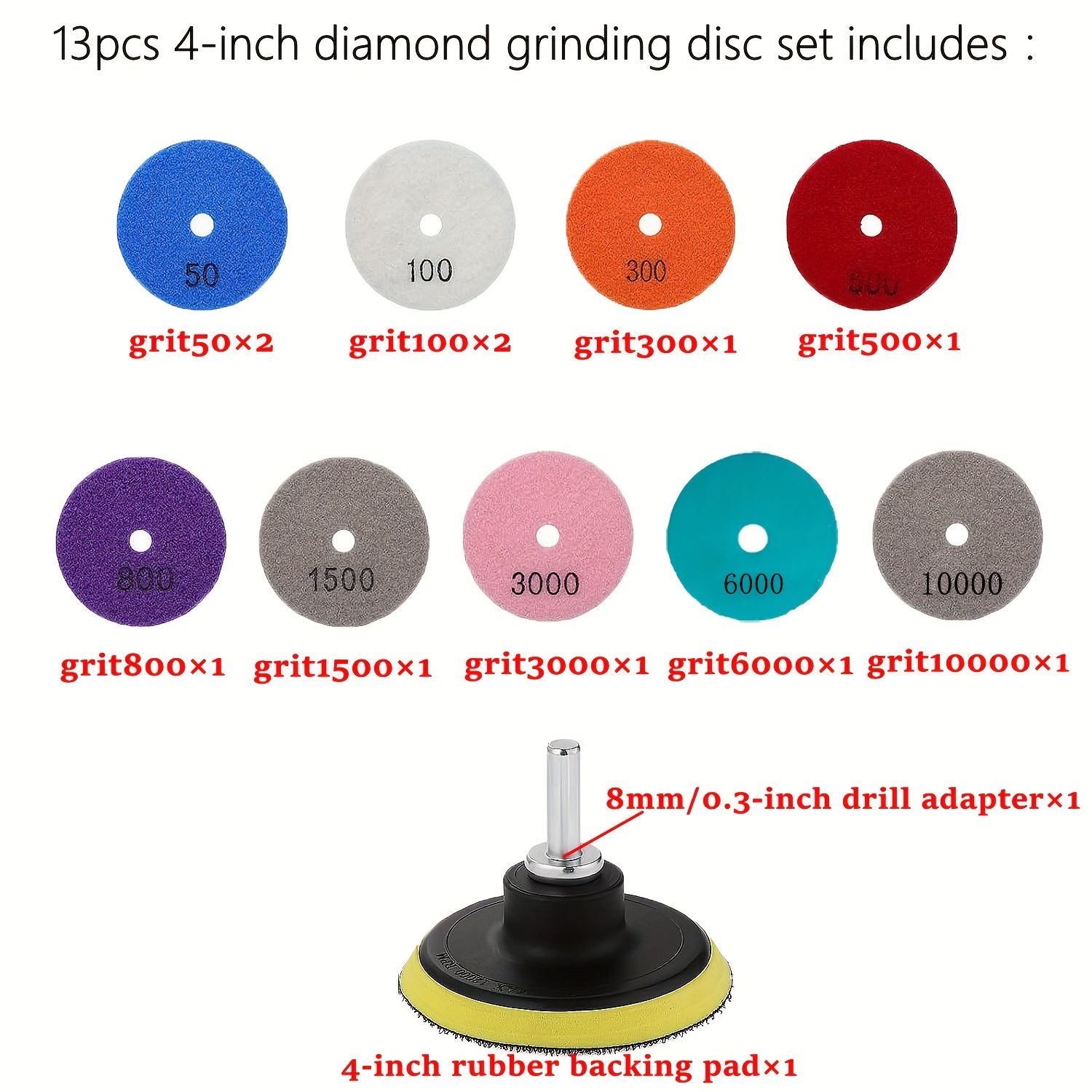 4'' Diamond Polishing Pads 5/8''-11, 12PCS Wet/Dry Granite Polish Pad Kit For Drill, Grinder, Polisher, 50-6000 Grit For Concrete Marble Stone