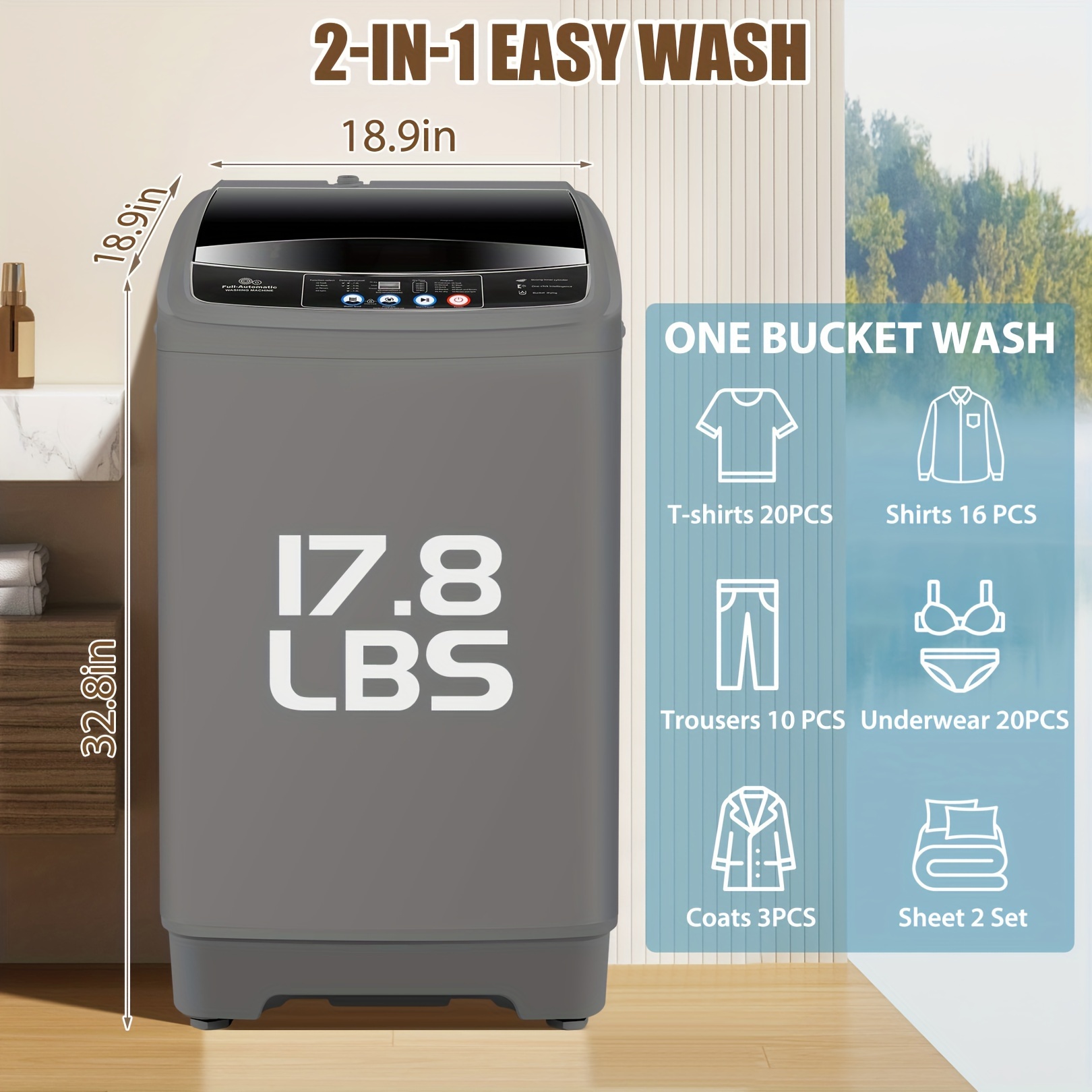 

17.8lbs Large Capacity, Full Automatic Washing Machine With 10 Programs And 8 Water Levels Selections, Led Display, Low Noise, Small Washing Machine For Apartment, Home, Dorms