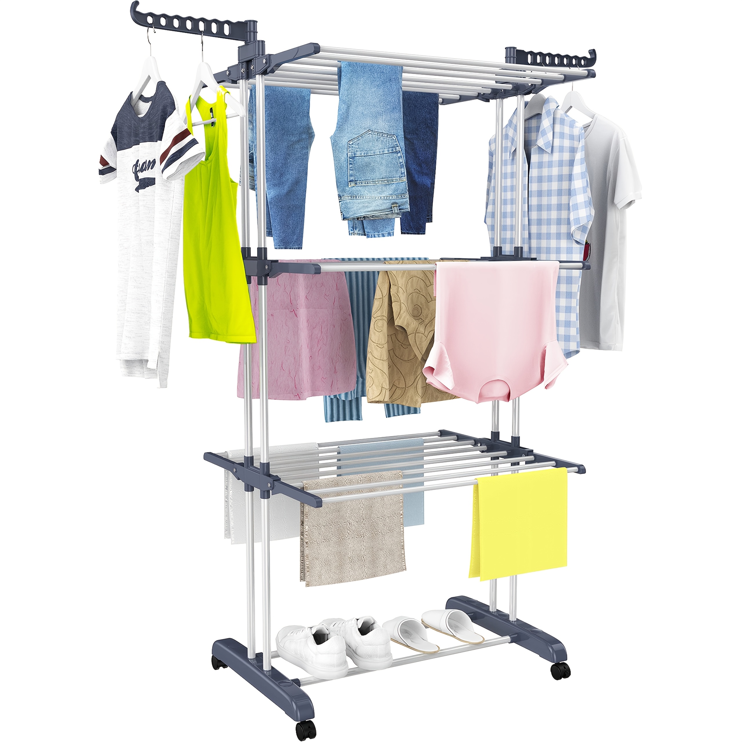 Étendoir à Linge, Grand Étendoir à Linge Pliable en Acier Inoxydable à 4 Niveaux, Étendoir à Linge Mobile, avec 4 Roulettes, 24 Tiges de Séchage et 14 Crochets pour Literie, Vêtements, Gris, Étendoirs