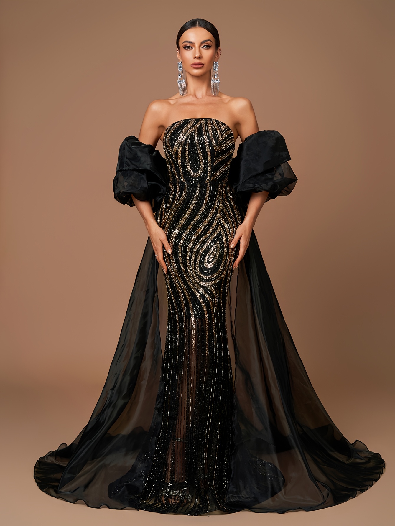 strapless open back dress Charming Black Sequin Cross Back Prom Dresses Custom Made Y1480 –  Simplepromdress main image 1