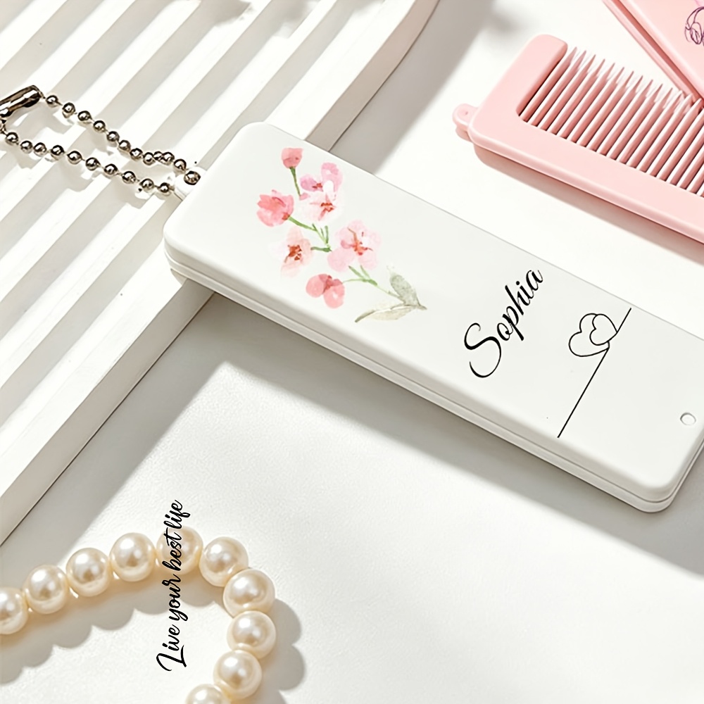 TEMU 1pc Peigne Personnalisé Gravé Style Floral 2-en-1 Pliant Portable et Peigne, Peigne Personnalisé avec Nom, Peigne Portable Esthétique Haut de