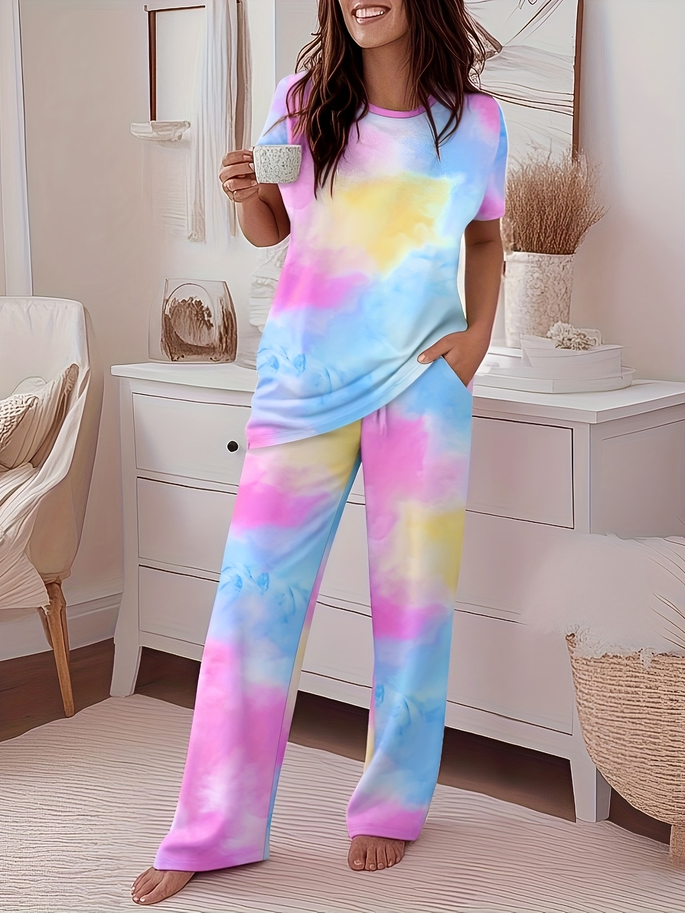 2pcs printed round neck short sleeve set gradient printed loose pants womens summer pajama set breathable   clothing two piece set Product details 20
