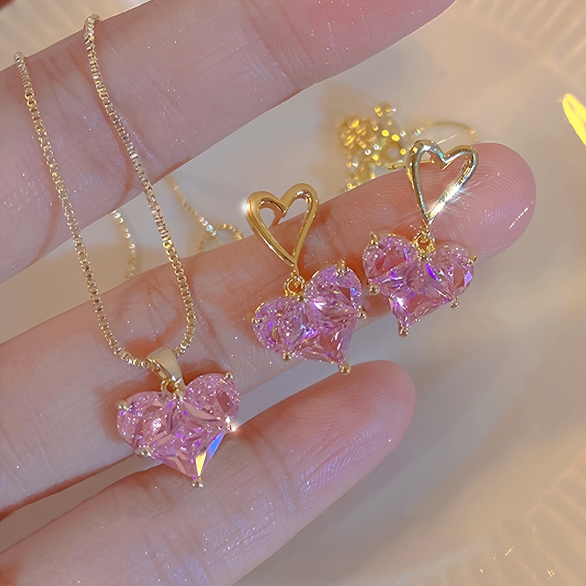 E-shop 3-teiliges süßes elegantes Y2K-Stil Herz-Steckerohrringe Halskette Zwei-in-Eins-Schmuckset für Damen, geeignet für den , Dates, Urlaub Partys.