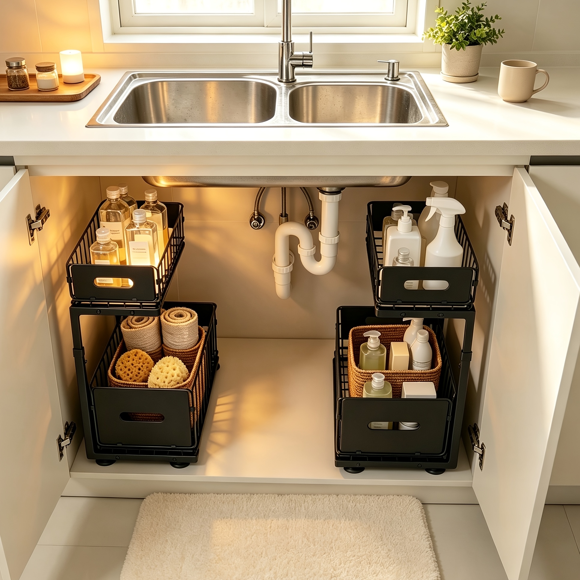 Under Sink Organizer And Storage, 2 Tier Pull Out Black Metal Cabinet Shelf, Space For Kitchen Bathroom Under Sink Cabinet