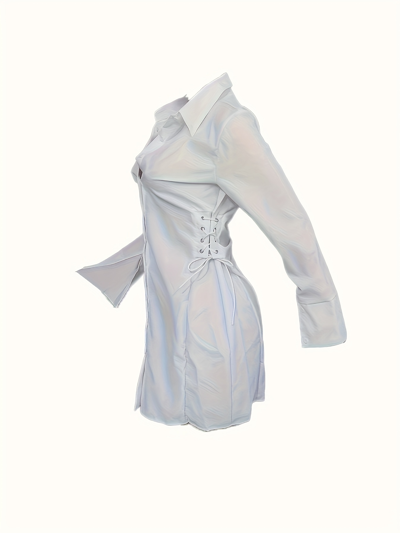 Elegant White Lace-Up Shirt Dress for Women - Long Sleeve, High-Neckline,  Knee-Length with Side Slit, Machine Washable * Chic Style, Casual
