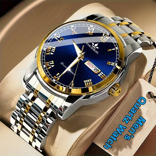1pc FOURRON Brand New Trendy Fashion Men'S Quartz Watch Stainless Steel Strap with Day Date, Roman Numeral Disc Multi-Function Luminous Luxury Men'S Wristwatches, Friends And Relatives Birthday Gifts, Holiday Party Gifts Preferred Choice