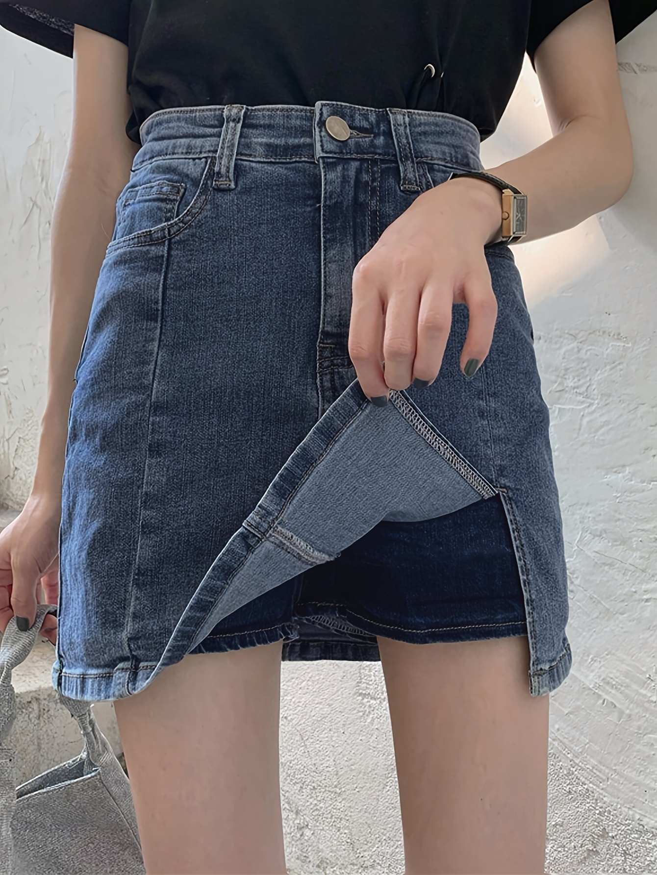 Split Front Deep Blue Slash Pocket Denim Skirt Causal Washed - Temu