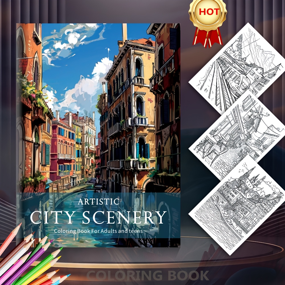 

Artistic City Scenery Coloring Book For Adults And Teens-20pages, Upgraded Version, Relax, Suitable For Holidays And Birthdays.