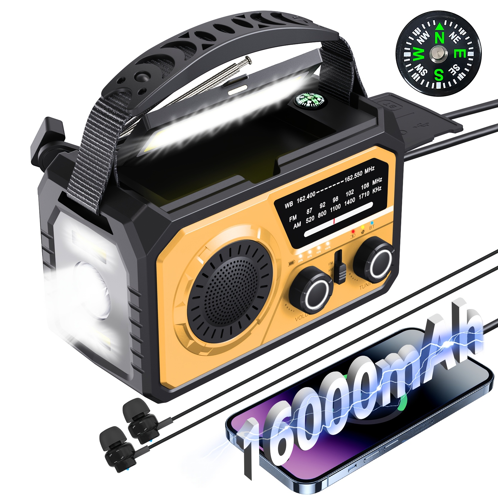 E-shop 16000 mAh (59200 MWh) Tragbares Notfall-Wetterradio mit Bluetooth, Handkurbelradiо AM/FM/NOAA Solarradio, 2 Solarpaneele, 3 Lademethoden, SOS
