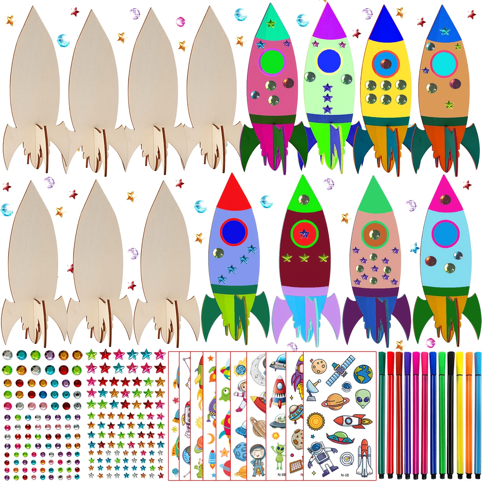 Image of 231pcs Rocket Wood Craft Kit, Rocket Toy, Birthday Craft, Includes 15 Rocket Woods, 202 Rhinestones, 12 Watercolor Pens, 2 Stickers, Diy Craft