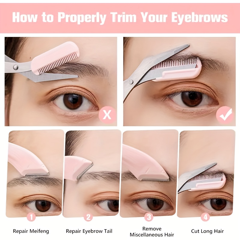 Tijeras de cejas con peine incorporado de acero inoxidable - Herramienta de belleza de precisión con mangos rosas, diseñada para uso tanto con la mano izquierda como con la derecha, adecuada para el cuidado profesional y doméstico, con una construcción de metal duradera para la modelado de las cejas