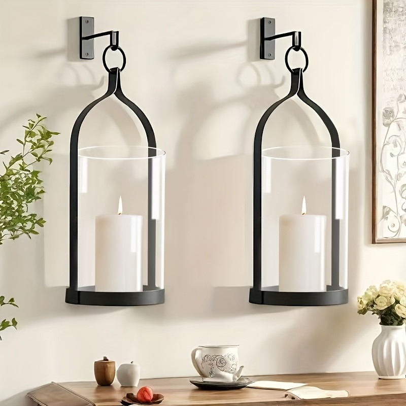Image of Iron Wall-mounted Candle Holder Set Of 2, Suitable For Indoor Living Rooms, , And Outdoor Spaces, Includes Transparent Glass Covers, Candles Not Included