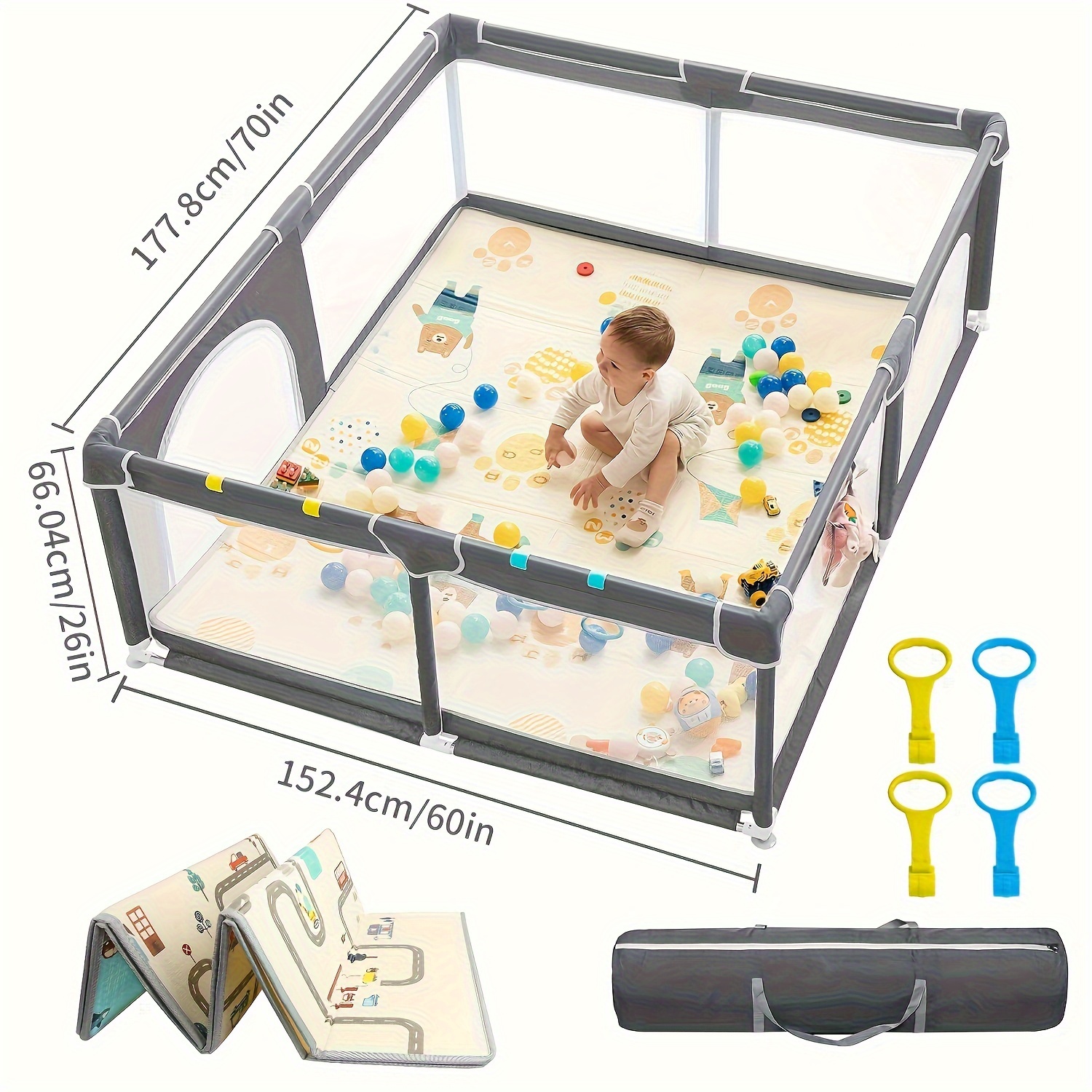 

Baby Playpen With Mat 71" X 59", Extra Large Play Yard For Babies And Toddlers, Safety Baby Fence, Indoor & Outdoor Kids Activity Play Center With Anti-slip Suckers And Zipper Gate(black&grey)