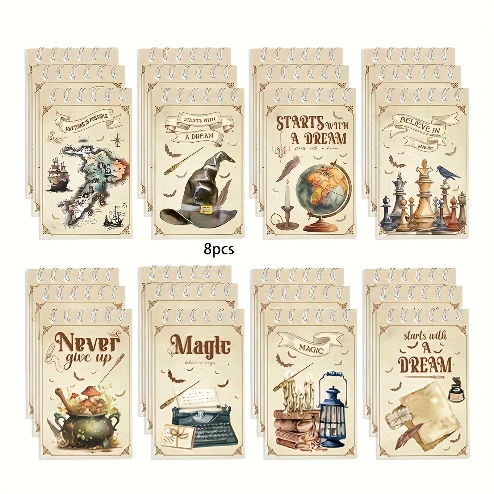 Image of Set Of 8 Wizard Spiral Notebooks With Mini Notepads And Wands For Magical Birthday Party Gifts