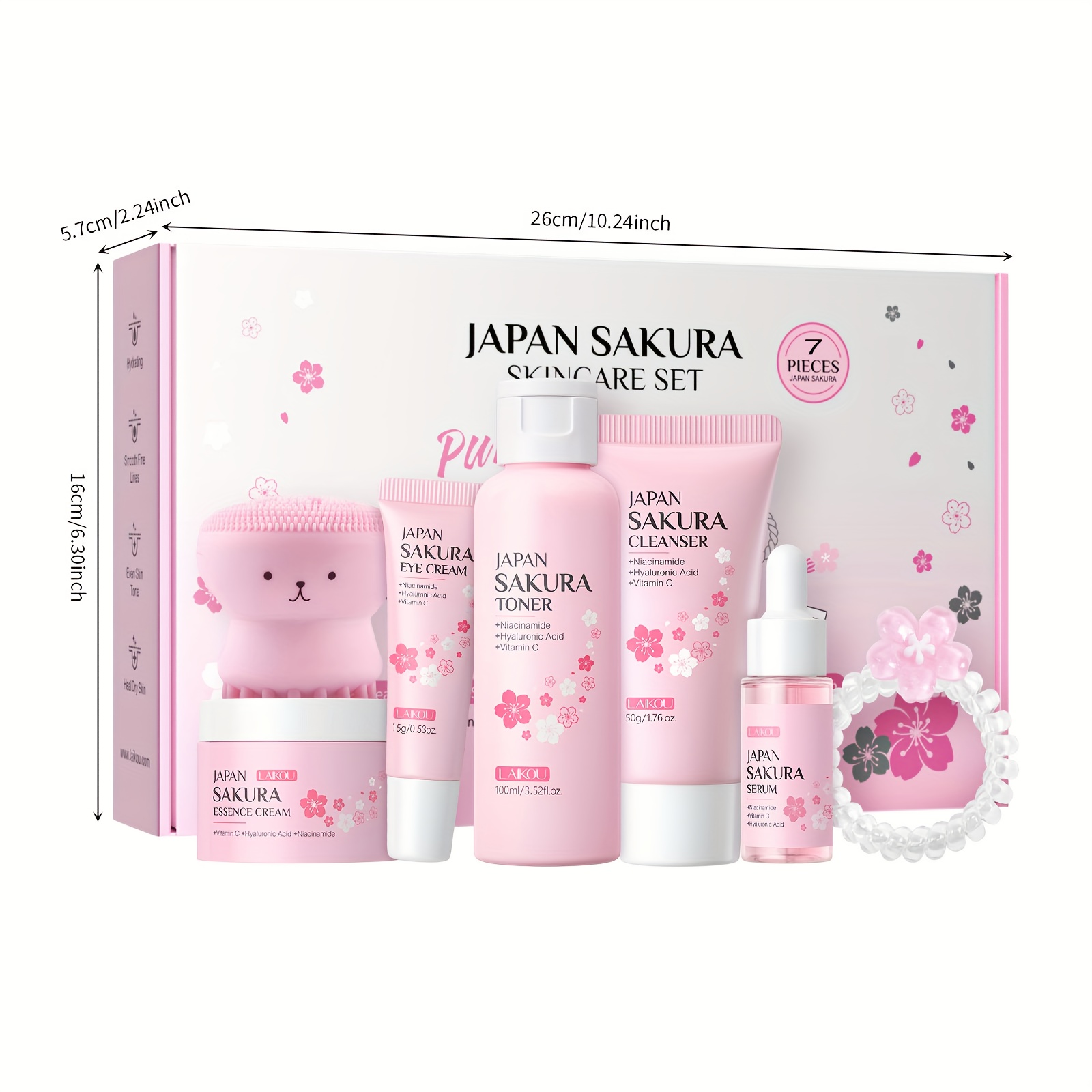 LAIKOU Sakura Poklon Kutija 7-dijelni Set za Njegu Kože, Niacinamid za Posvjetljivanje Protiv Otpadanja, Serum, Krema za Hidrataciju Lica, Krema za Oči, Tonik, Blago Čišćenje Lica, s Četkom za Kosu i Gumicom za Kosu, Rođendanski i Božićni Pokloni