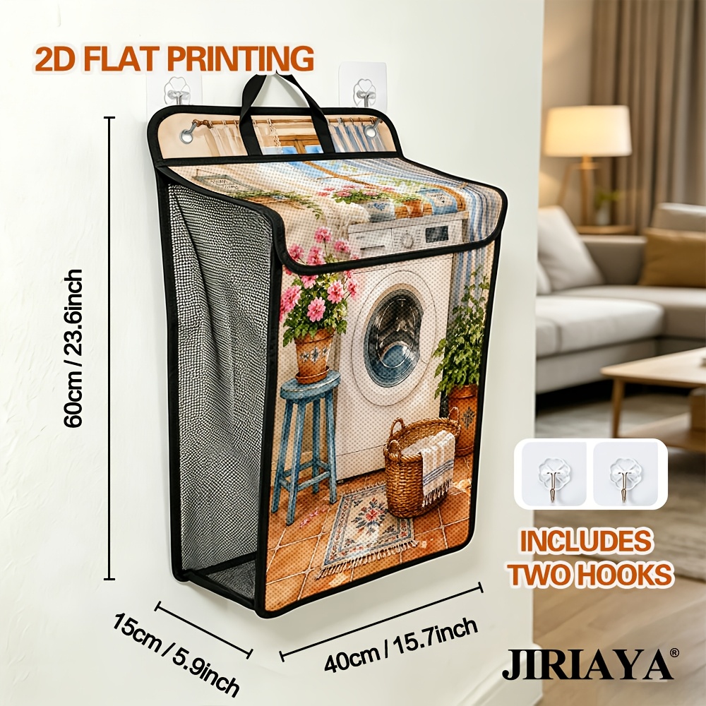 TEMU 2d Flat Printing, 1pc Wall-mounted Laundry Basket Organization, Washing Machine With Potted Flowers Style Foldable Dirty Clothes Hamper, Large