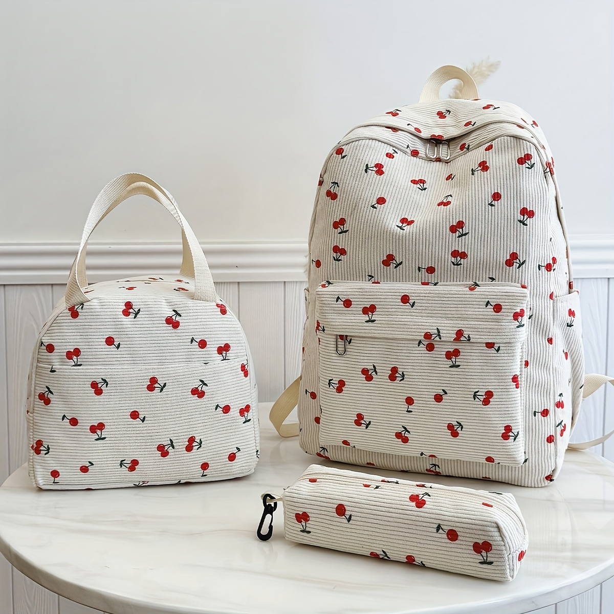 E-shop Neues Schulrucksack-Set aus Cord mit Kirschdruck, Hochwertiger Laptop-Rucksack mit großem Fassungsvermögen für Schüler der Mittel- Oberstufe