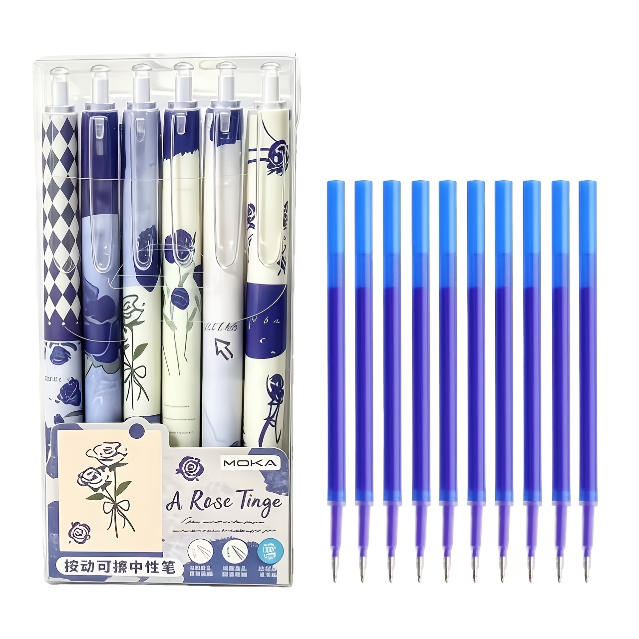 TEMU 16pcs Set, Vintage Blue Rose Retractable Erasable Pen Set - Smooth Writing, Medium Nib, Black Ink, , Cute Stationery Essential, Suitable For
