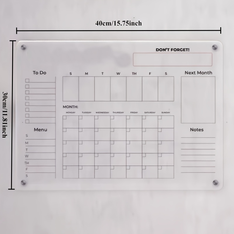 E-shop 1 Magnetischer Heimplaner mit abwischbarer Oberfläche – durchsichtiges Acryl-Whiteboard – Monatlicher Kalender-Organizer mit beschrifteten