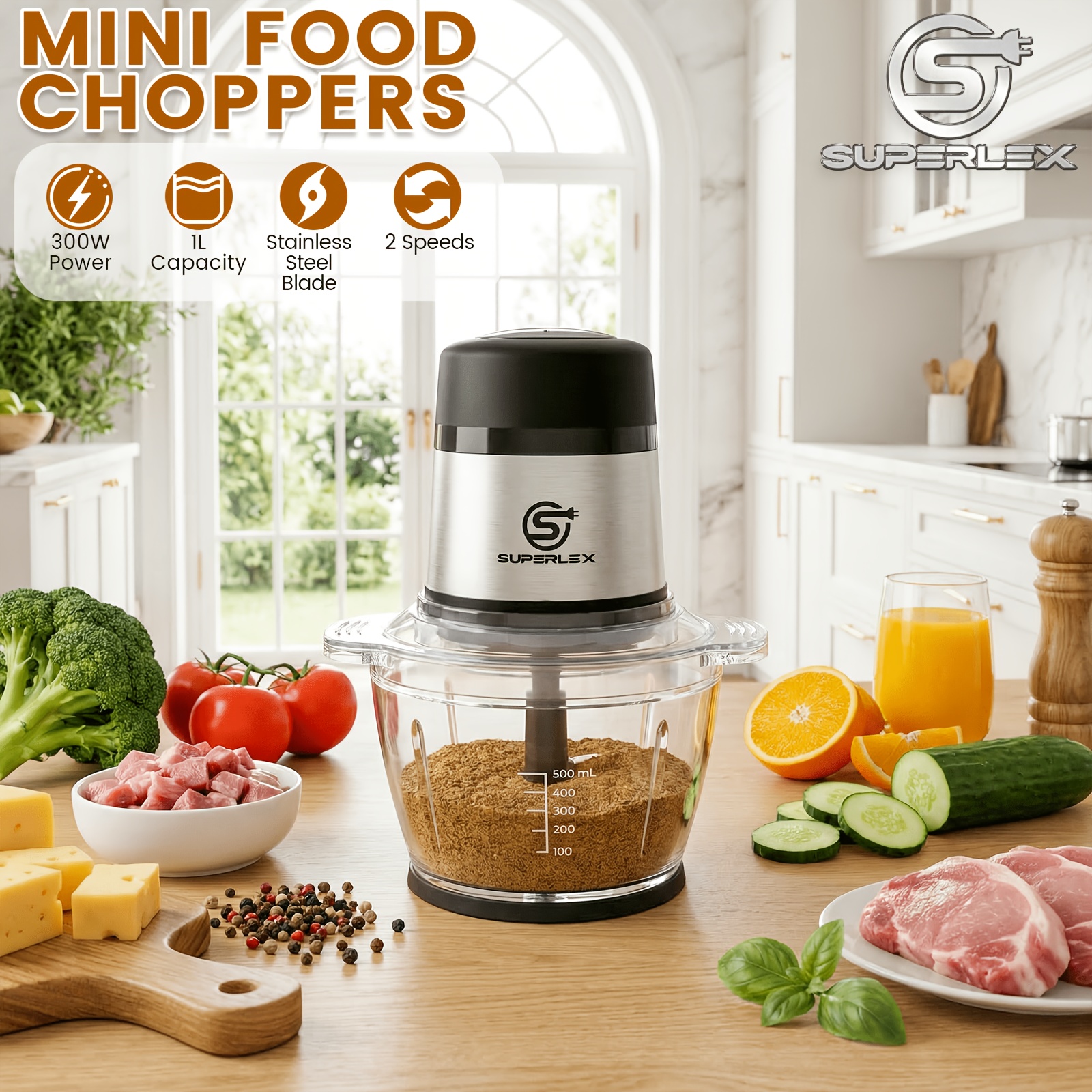 TEMU Superlex 300w Mini Food Chopper, 1l Transparent Glass Bowl, 2 Speed Manual Settings, Sus420 Stainless Steel Blade, Meat Vegetables Nuts Baby