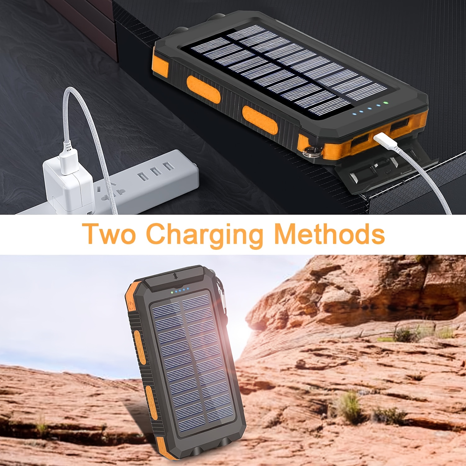 2pcs Solar Charger 20000mAh, Portable Dual USB Output Solar Charging Panel, Fast Charging External Battery Pack, Built-in LED Flashlight Emergency Model for Hiking. (Pack of 2), Solar Battery, Portable Power Station with Solar Panel