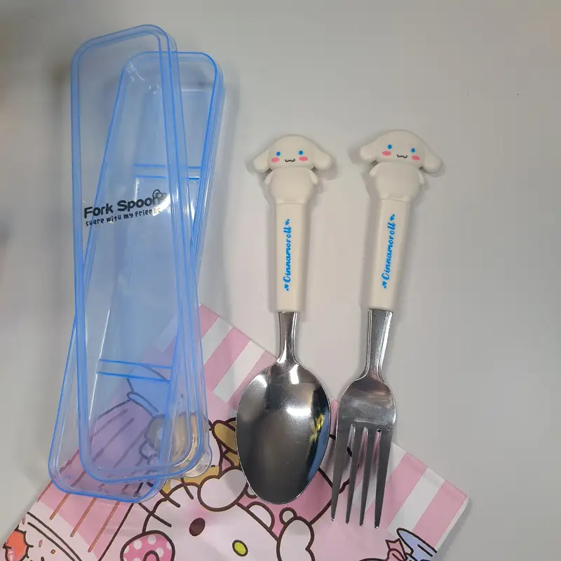 2pcs stainless steel portable cutlery set cute cartoon cutlery spoon and fork outdoor travel spoon or practical items travel portable school supplies student prizes birthday gifts easter Product details 2