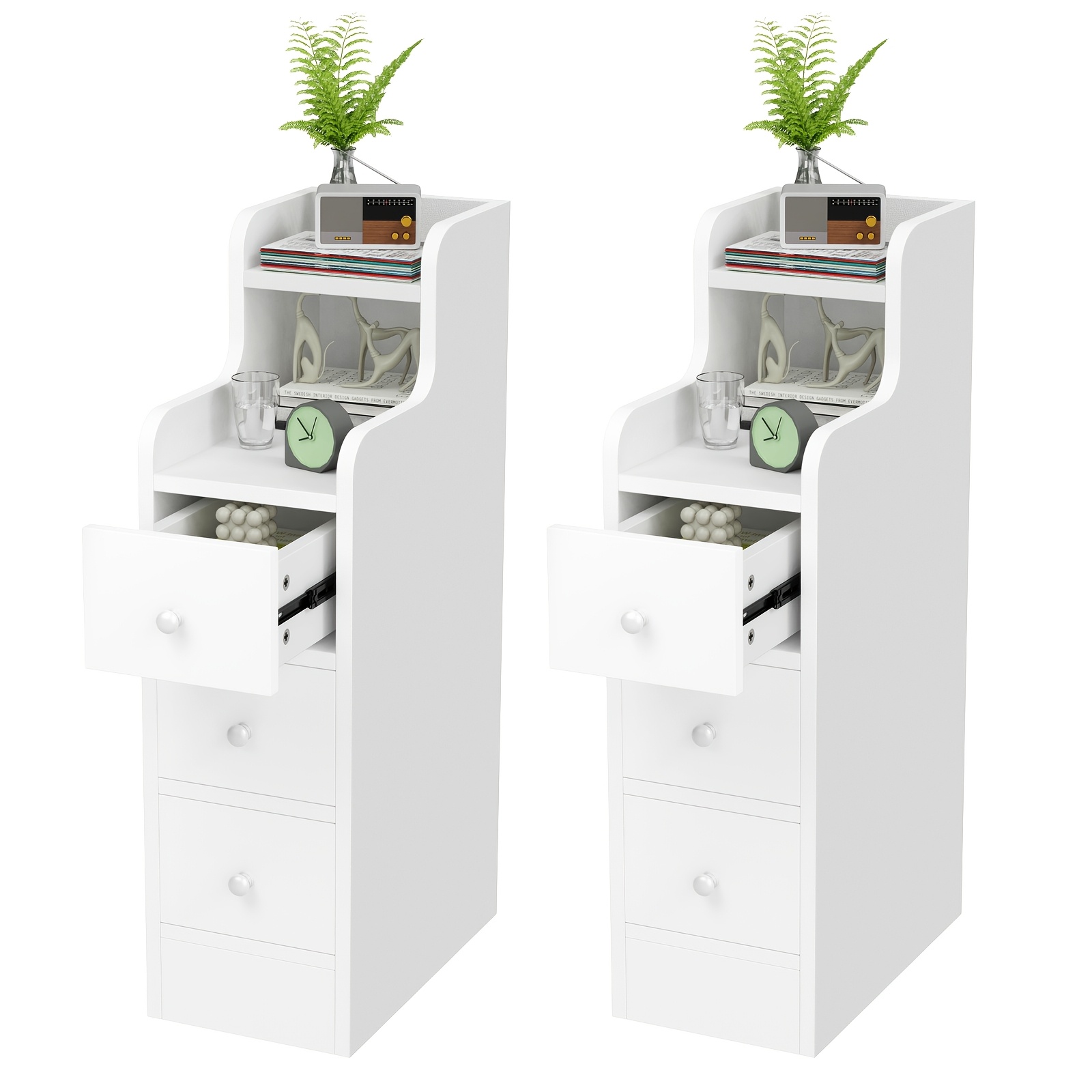TEMU 2pcs Small Side Table Set, Narrow Bedside Table, Bedside Table With Open Compartment And 3 Drawers, Living Room Side Table With Storage Space,