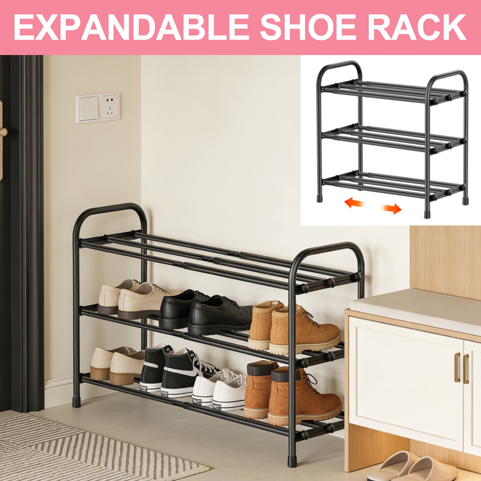 Expandable Shoe Rack, 3 Tiers Adjustable Shoe Organizer Shelf For Closet, Metal Free Standing Shoe Rack Storage