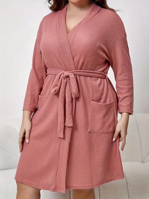 plus size womens soft pink casual long robe with tie belt pockets comfortable polyester waffle weave for