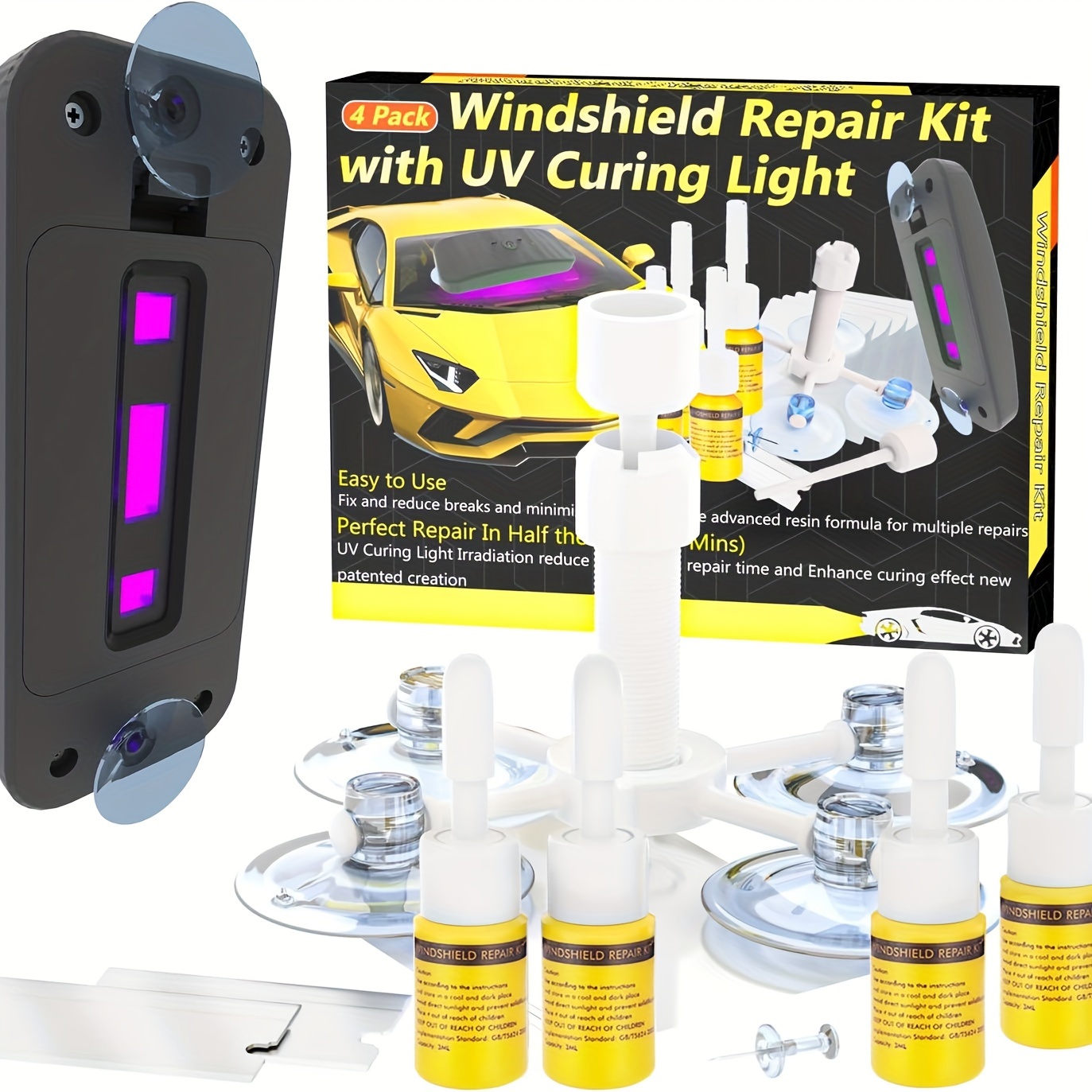 

Windshield Repair Kit, Windshield Crack Repair Kit, Efficient Glass Chip Repair Kit With Suction Cup Uv Curing Light, 4 Bottles Fluid Glass Repair Liquid For Chips, Cracks, Star-shaped Crack, -eye