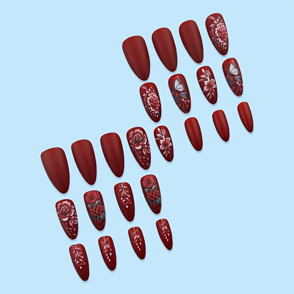 TEMU Lot de 24 faux ongles amandes moyens à pression, système de couleur bordeaux mat avec sculpture florale et accent papillon, faux ongles