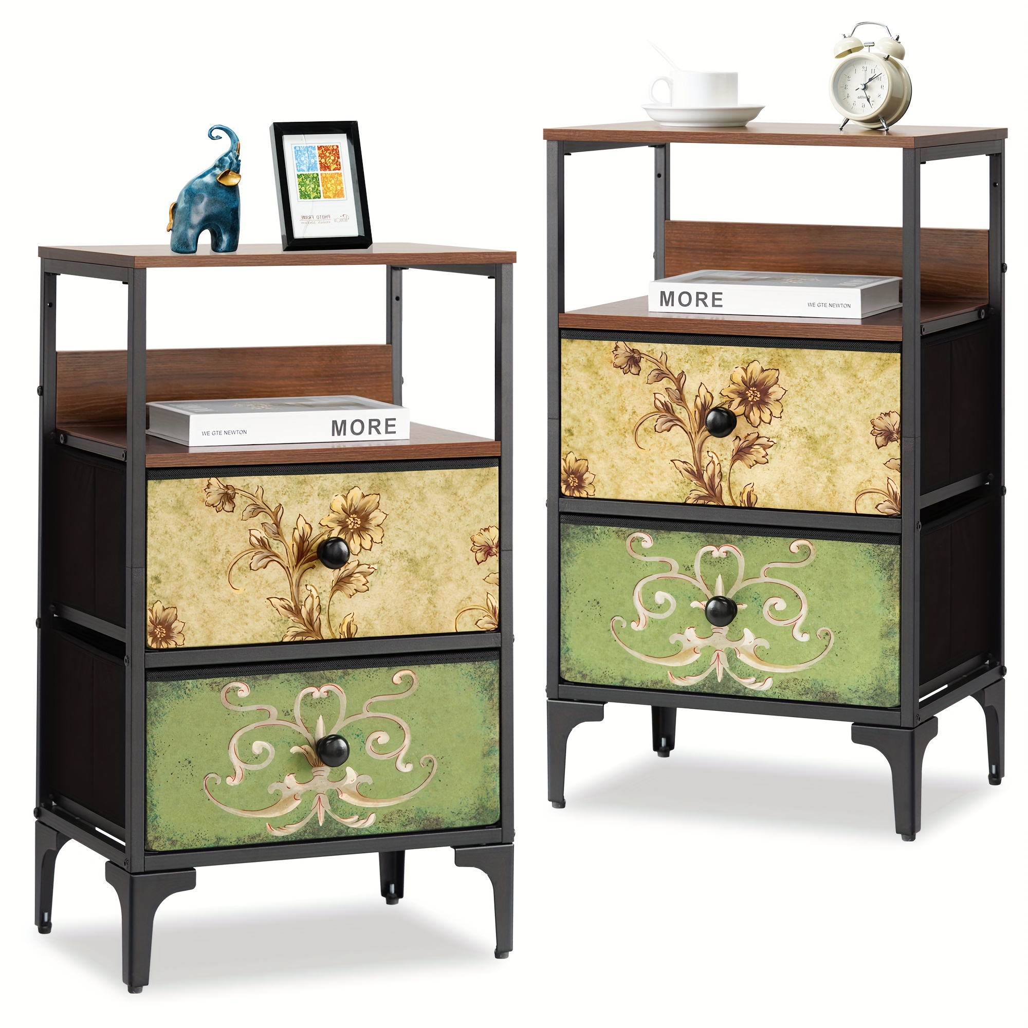 Nightstand Set of 2, Night Stand with Fabric Drawer, Mesh Shelf, Side Table with Storage, Fabric Drawer Dresser, Open Shelf, Metal Frame, Bedroom