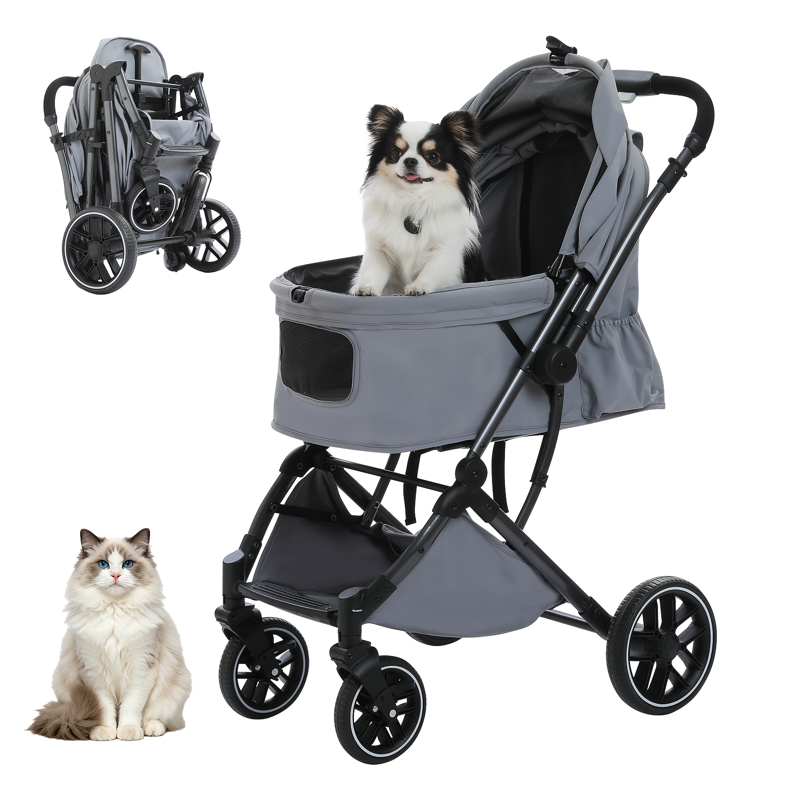 Road Foldable Pet Stroller For Small Medium Dogs And Cats, 4-wheel Pram With Breathable Mesh, 180 Degree Canopy, Folding, Storage Basket, Cup Holder, Safety Leashes, Up To 30kg, Grey/beige/black