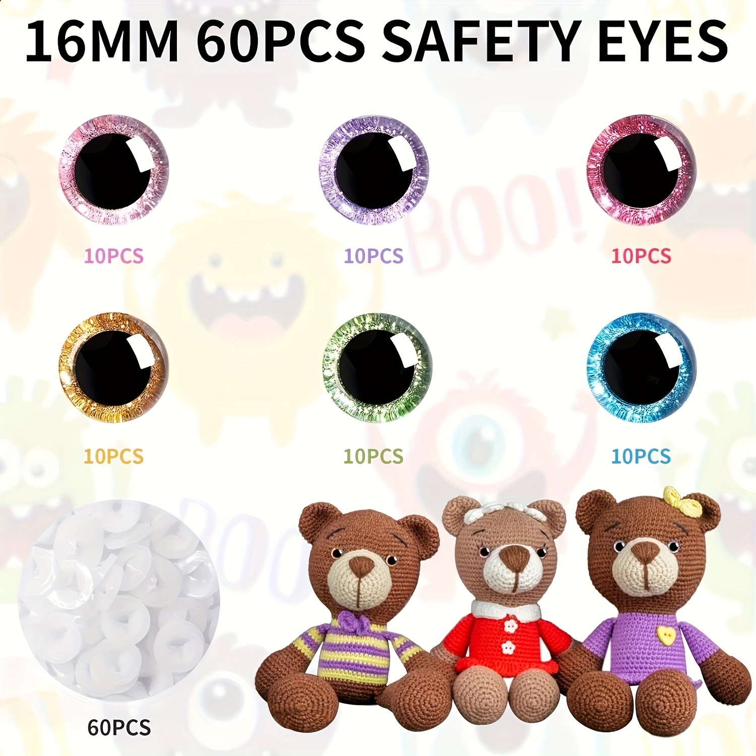 TEMU 120pcs 16mm 3d Glitter Plastic Safety Eyes With Washers - Colorful Craft Eyes For Amigurumi, Crochet Dolls, Stuffed Animals & Diy Puppets -