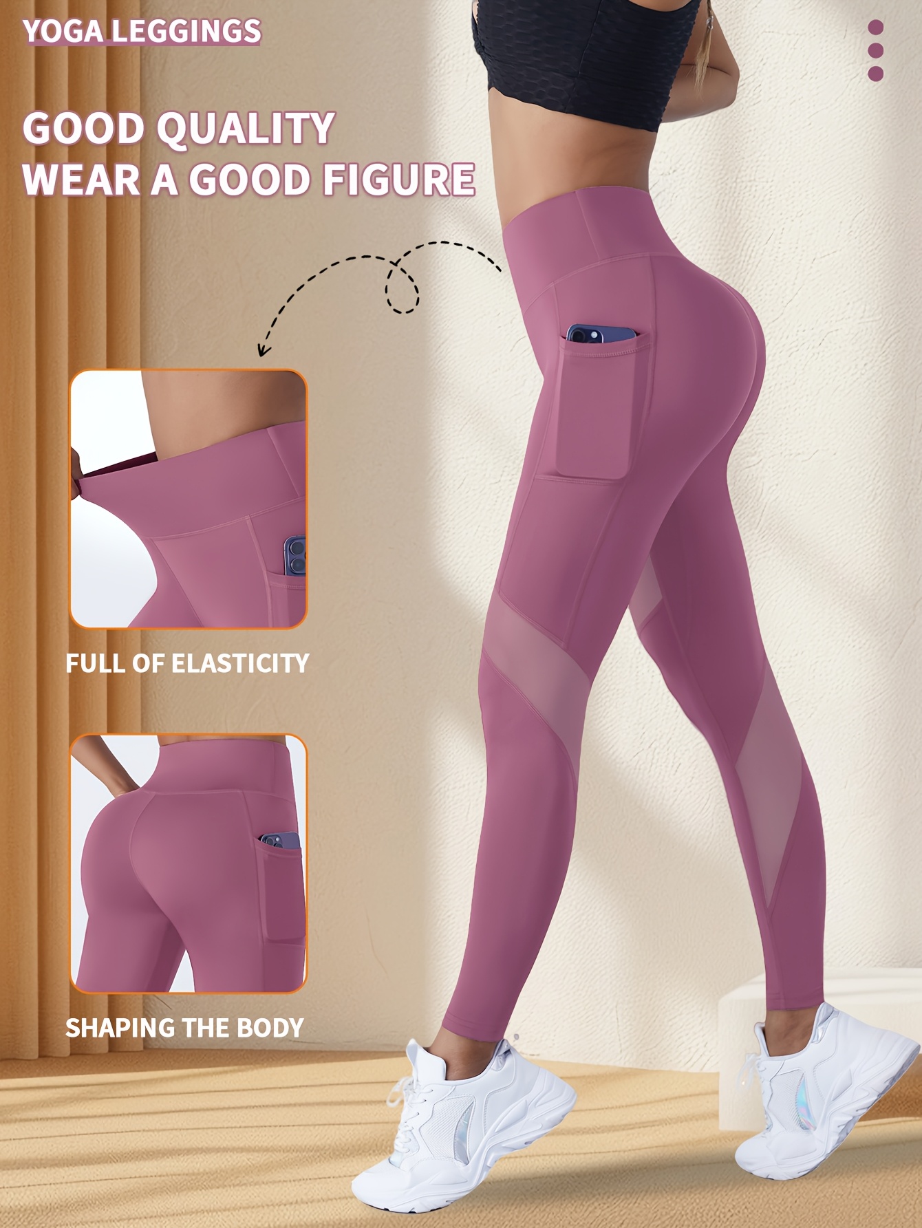 Yoga Tights with Abdominal Reduction and Contrast Color Mesh Fitness Gym Tights with Side Phone Pockets Yoga Leggings