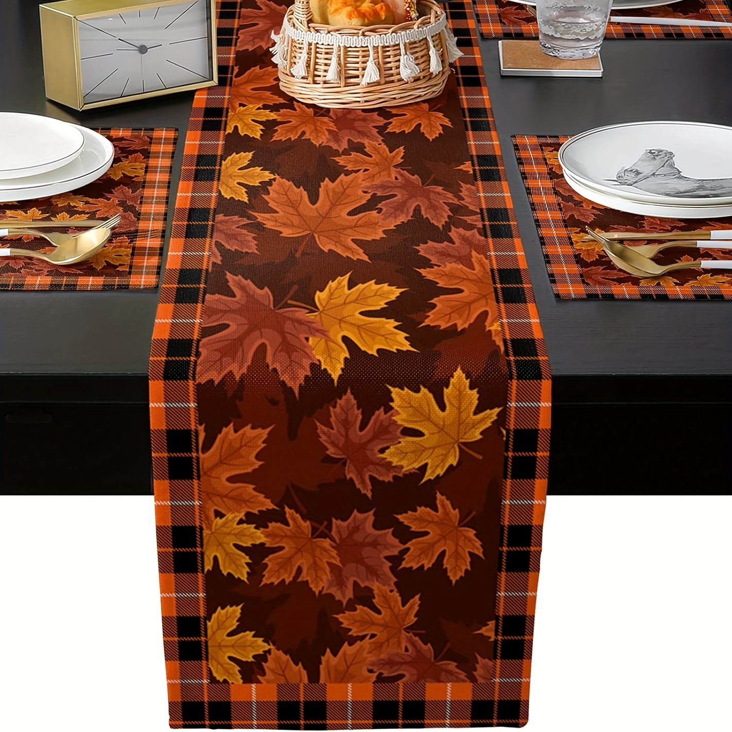 

Autumn Elegance: 13x72" Maple Leaves & Buffalo Plaid Linen Table Runner - Perfect For Fall Dining & Kitchen Decor