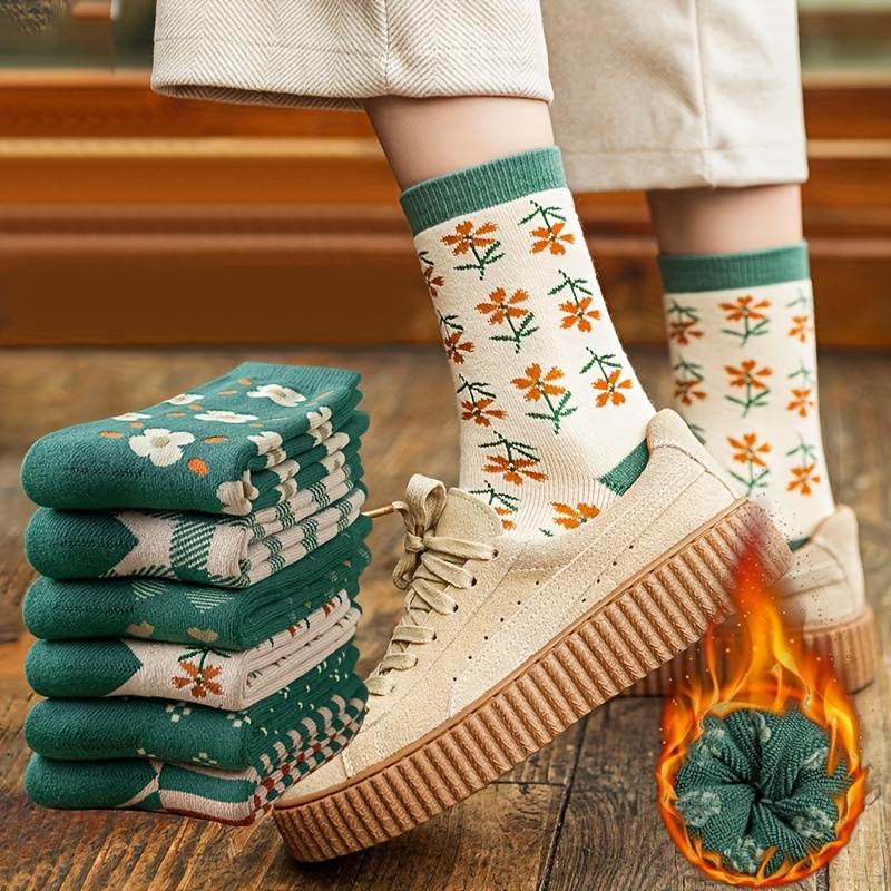 

6pcs Women' Floral Mid-calf Socks - Cozy & , Elegant Style For Fall/winter