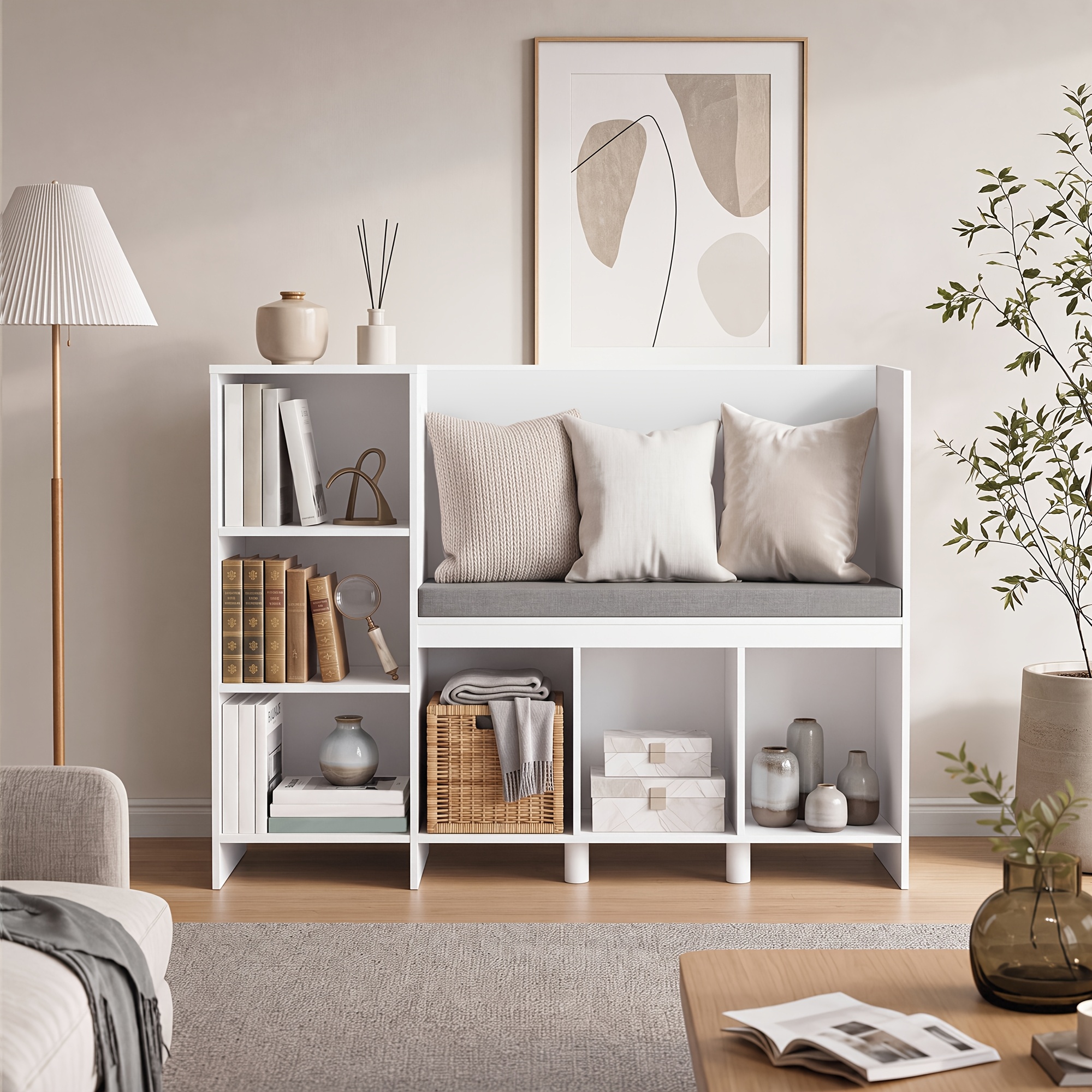 Image of Kealive 110cm Storage Rack With Seat Bench, 6-cube Bookshelf Organizer With Removable Cushion, Multifunctional Storage Shelving Unit For Bedroom And Entryway