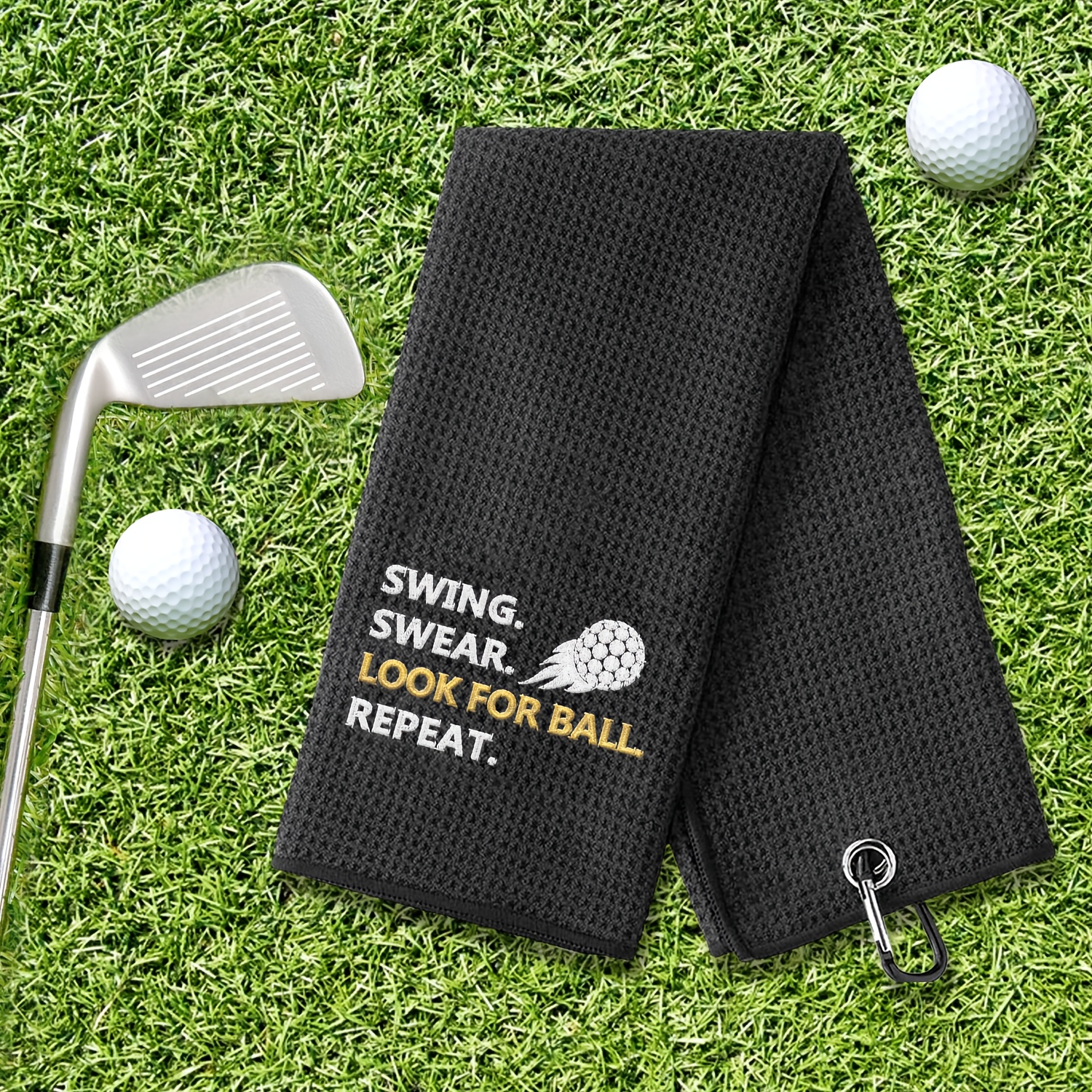 

1pc Golf Towel With Embroidery, Black Polyester 100% Knit Fabric, Golf Bag Clip, Men's Golf Accessory, Machine Washable, Ideal For Father's Day Gift